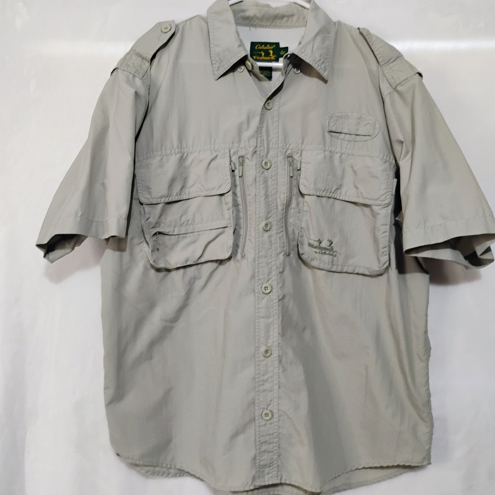 Cabelas Guidewear Mens Large Tan Short Sleeve Fishing Shirt Vented Zip Pockets R